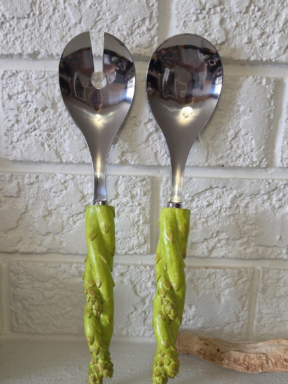 Sagaform Stainless Steel Salad Servers with Asparagus Lime Green Carved Handles